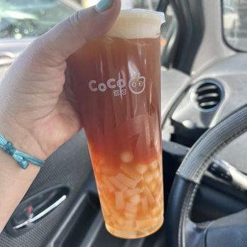 Coco Bubble Tea - Peach Black Tea w Coconut Jelly and Popping Pearls - Bubble Tea Near Me - Hacienda Heights, California