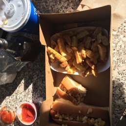 a hot dog and fries a hot dog and fries