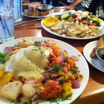 Plums Cafe - Smoked Salmon Hash + Spinach and Feta Omelette - Breakfast & Brunch Near Me - Costa Mesa, California