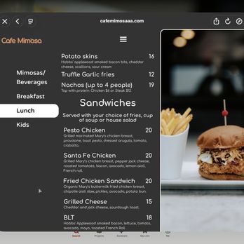 Cafe Mimosa - Online menu showing photo of fried chicken sandwich & listing what's on it. (Does not match in-person restaurant menu) - Breakfast & Brunch Near Me - Petaluma, California Cafe Mimosa - Online menu showing photo of fried chicken sandwich & listing what's on it. (Does not match in-person restaurant menu) - Breakfast & Brunch Near Me - Petaluma, California