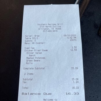 Southern Recipes Grill - Receipt - Southern Near Me - Arlington, Texas Southern Recipes Grill - Receipt - Southern Near Me - Arlington, Texas