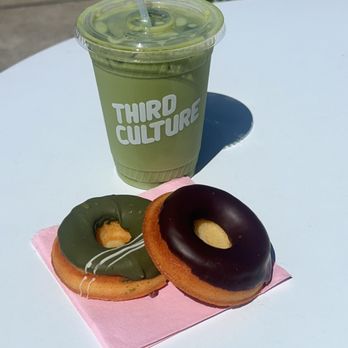 Third Culture Bakery - Iced Matcha Latte (with Oat Milk) and Dark Chocolate Mochi Donut with Matcha White Chocolate Mochi Donut - Bakeries Near Me - Walnut Creek, California