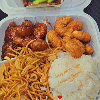 Sunny Express Gourmet Fast food - Vegan plate orange nuggets, fried shrimp, chow mein and white rice. Side of broccoli "beef". - Mexican Near Me - Compton, California Sunny Express Gourmet Fast food - Vegan plate orange nuggets, fried shrimp, chow mein and white rice. Side of broccoli "beef". - Mexican Near Me - Compton, California
