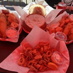 Garlic Fries, Combo (Fish, Shrimp & Chips) x2, side of Fried Calamari, New England Clam Chowder in sour dough bread bowl. Garlic Fries, Combo (Fish, Shrimp & Chips) x2, side of Fried Calamari, New England Clam Chowder in sour dough bread bowl.