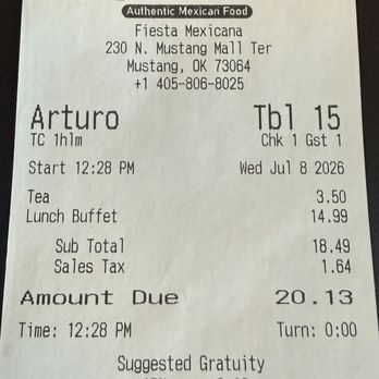 Fiesta Mexicana  - Lunch Buffet Receipt before Military Discount - Mexican Near Me - Mustang, Oklahoma