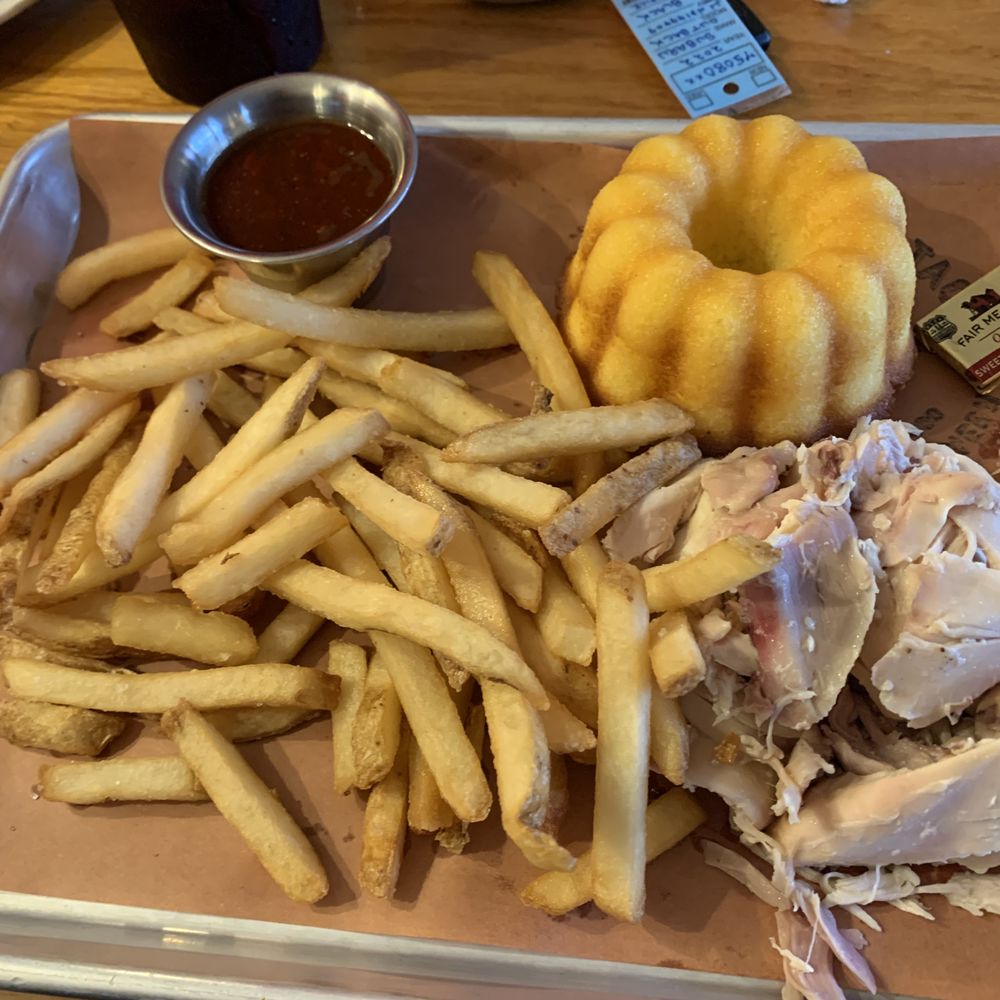 The Block & Tackle - Smoked Chicken plate with cornbread, fries and extra BBQ sauce - Bars Near Me - Wellfleet, Massachusetts The Block & Tackle - Smoked Chicken plate with cornbread, fries and extra BBQ sauce - Bars Near Me - Wellfleet, Massachusetts