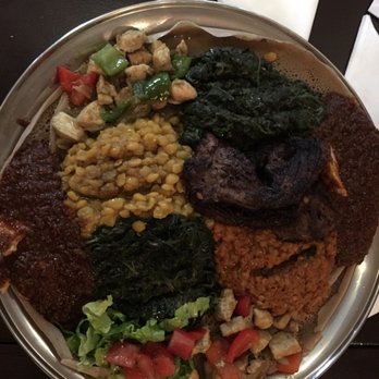 Mosob Restaurant - Meat set (chicken, pork, lentil and spinach) - African Near Me - London, XGL