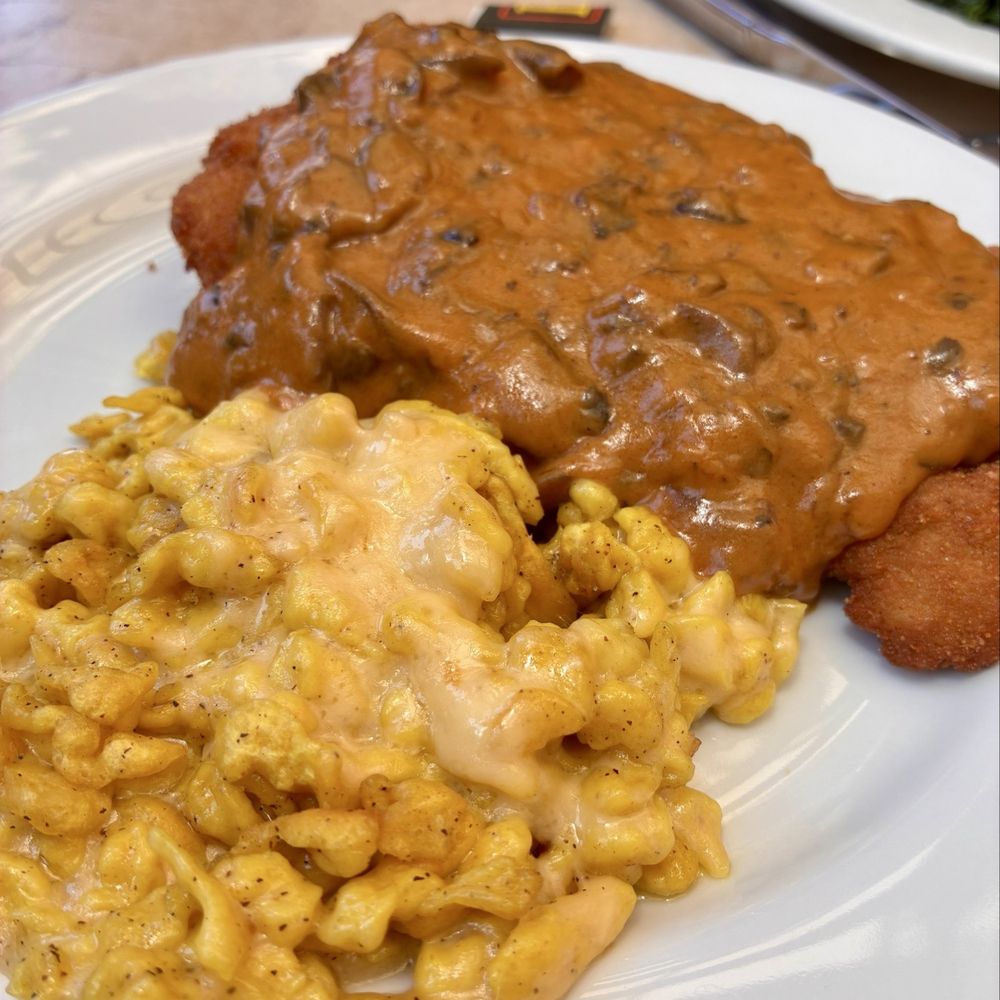 Beda's Biergarten - Jager Schnitzel and spaetzel with Gouda. $19. A dream. - German Near Me - San Luis Obispo, California Beda's Biergarten - Jager Schnitzel and spaetzel with Gouda. $19. A dream. - German Near Me - San Luis Obispo, California