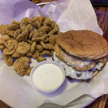 Rooster's Roadhouse - Chez double bubba burger and a side of fried pickles - Barbeque Near Me - Denton, Texas