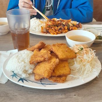 Kim Bob Na Ra - Fried pork cutlet, rice, salad, Barley Tea and miso soup - Korean Near Me - Ellicott City, Maryland