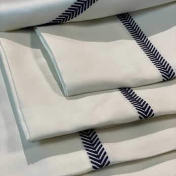 Kearsley - Kearsley Alexandria Giza 87 Sateen Pillowcases with Midnight Herringbone embroidery.  Finest extra-long staple Egyptian cotton in the world. - Interior Design Near Me - Sonoma, California