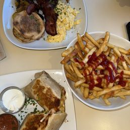 American breakfast, fries, and breakfast burrito! American breakfast, fries, and breakfast burrito!