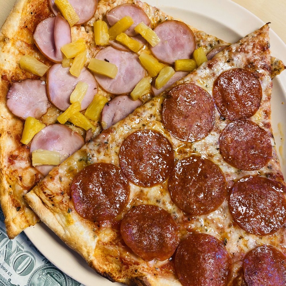Izzy's NY Pizza - peperoni and Hawaiian pizza slices - Pizza Near Me - Lilburn, Georgia Izzy's NY Pizza - peperoni and Hawaiian pizza slices - Pizza Near Me - Lilburn, Georgia