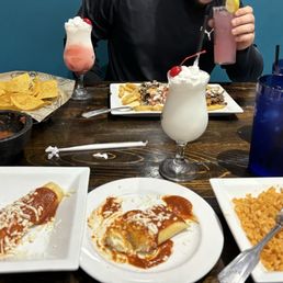 Side of cheese enchilada, bean burrito, rice Drinks - Frozen Pina Colada + Miami Vice Side of cheese enchilada, bean burrito, rice Drinks - Frozen Pina Colada + Miami Vice