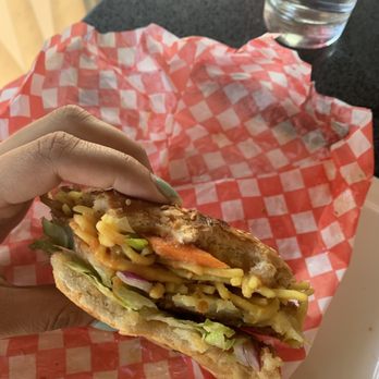 India Chaat House and Restaurant - Noodle burger with aloo tikki, looks kinda sad but that's just because I forgot to take a pic of its beauty right away - Indian Near Me - White Rock, British Columbia India Chaat House and Restaurant - Noodle burger with aloo tikki, looks kinda sad but that's just because I forgot to take a pic of its beauty right away - Indian Near Me - White Rock, British Columbia