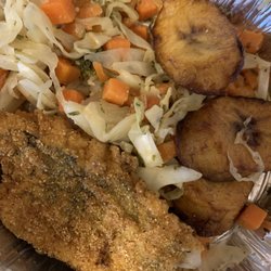 Cocopine Nyam - Cold fried salt fish, cabbage & carrots, and plantains.