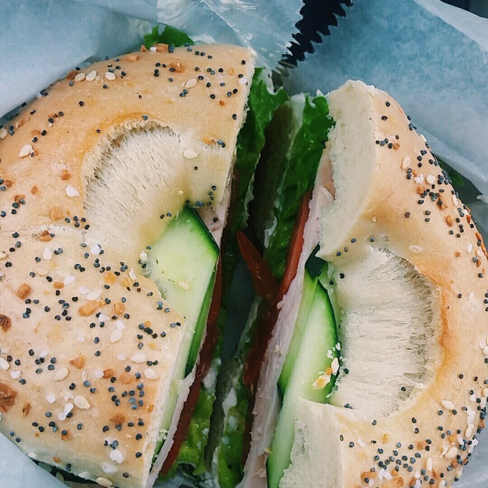 B&B Bagel - The Columbian - turkey, lettuce, tomato, cucumber, and scallion cream cheese on an everything bagel - Bagels Near Me - Columbia, Missouri