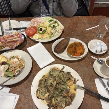 Carle Place Diner - Chicken wrapped around spinach and feta cheese ,  shrimp salad platter , Greek salad ,stewed zucchini carrot , sweet potato - Diners Near Me - Carle Place, New York