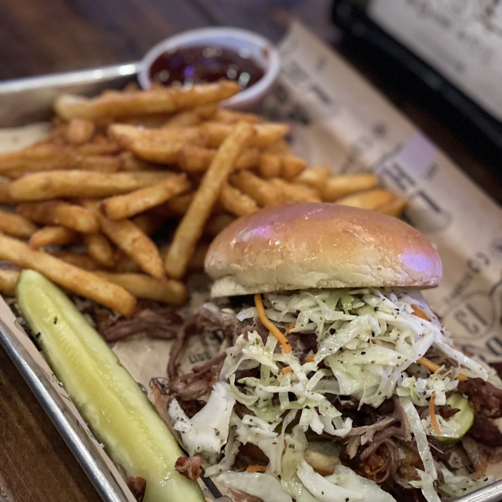 Lake house 13 - Pulled Pork on a bun with yummmmmy yum fries - Bars Near Me - Sunrise Beach, Missouri Lake house 13 - Pulled Pork on a bun with yummmmmy yum fries - Bars Near Me - Sunrise Beach, Missouri