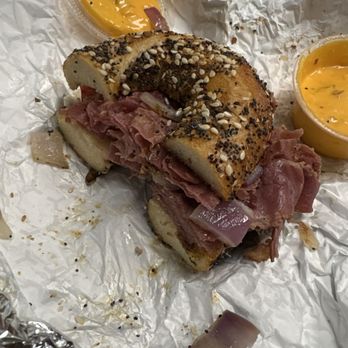 Chewish Deli - Byob Everything bagel Pastrami, corned, beef, and grill grilled onions Sauce on the side - Bagels Near Me - Alexandria, Virginia Chewish Deli - Byob Everything bagel Pastrami, corned, beef, and grill grilled onions Sauce on the side - Bagels Near Me - Alexandria, Virginia