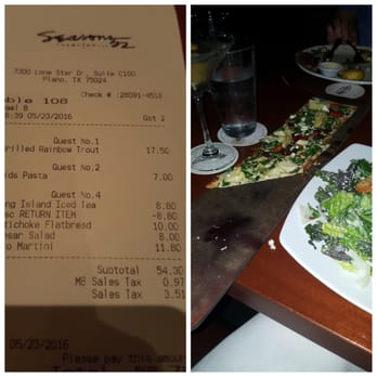 Seasons 52 - Traded the long Island Iced Tea for a Martini, and had an special ceasar, Flatbread, trout, and pasta for the kinder :) $58 before tip. - New American Near Me - Plano, Texas Seasons 52 - Traded the long Island Iced Tea for a Martini, and had an special ceasar, Flatbread, trout, and pasta for the kinder :) $58 before tip. - New American Near Me - Plano, Texas