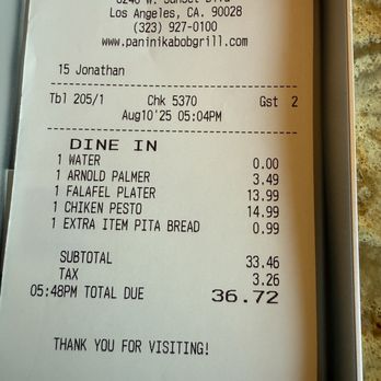 Panini Kabob Grill - Bill for 2 - Middle Eastern Near Me - Los Angeles, California Panini Kabob Grill - Bill for 2 - Middle Eastern Near Me - Los Angeles, California