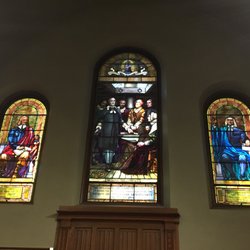 First Parish In Plymouth - The Tiffany-designed windows: Civil Liberty, Signing of the Mayflower Compact, and Religious Liberty