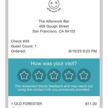Afterwork Bar - Reciept - Cocktail Bars Near Me - San Francisco, California