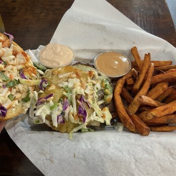 Bo & Vine Burger - Mad Hawaiian Burger with Sweet Potato Fries and side sauces; House & Chipotle - American Near Me - Salem, Oregon Bo & Vine Burger - Mad Hawaiian Burger with Sweet Potato Fries and side sauces; House & Chipotle - American Near Me - Salem, Oregon