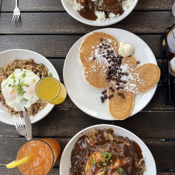 Kihei Caffe Lahaina - Fried rice with egg (middle left), loco moco(top), kalua pork loco moco(bottom), kids meal whalers pancake(middle). - Breakfast & Brunch Near Me - Lahaina, Hawaii Kihei Caffe Lahaina - Fried rice with egg (middle left), loco moco(top), kalua pork loco moco(bottom), kids meal whalers pancake(middle). - Breakfast & Brunch Near Me - Lahaina, Hawaii