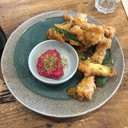 Kyosk - Zucchini chips with beetroot dip.