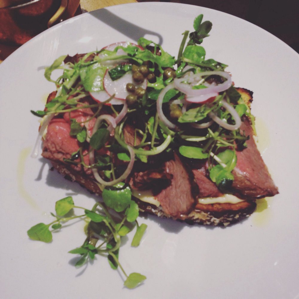 Raw beef,focaccia and holandaise sauce Raw beef,focaccia and holandaise sauce