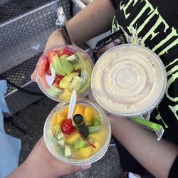 Tropical Fruit - Strawberry mango kiwi smoothie, peanut and milk cream shake, and mango kiwi smoothie.