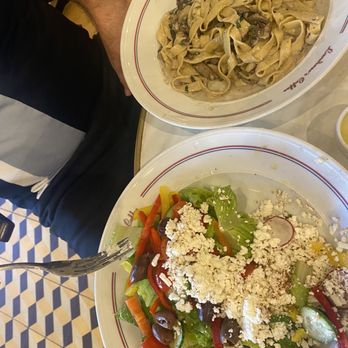 Cafe Landwer - Greek salad and mushroom pasta - Breakfast & Brunch Near Me - Boston, Massachusetts
