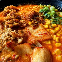 Kimchi & Fried Chicken Ramen--crispy karaage, spicy kimchi, buttery corn, and a broth worth every last sip.