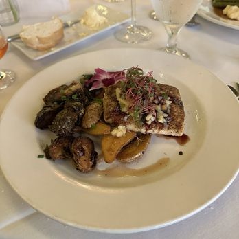 Wash House Restaurant - Halibut with a Pineapple glaze with roasted potatoes & roasted Brussel sprouts - Southern Near Me - Point Clear, Alabama Wash House Restaurant - Halibut with a Pineapple glaze with roasted potatoes & roasted Brussel sprouts - Southern Near Me - Point Clear, Alabama