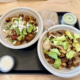 Bowls with honey harissa chicken and more