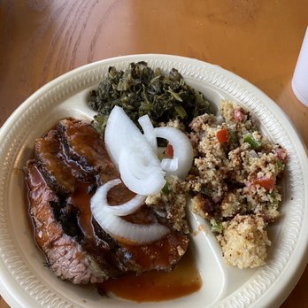 Buffalo Creek BBQ - Beef brisket with mild BBQ sauce, cornbread sslad and collard greens. Yum! - Barbeque Near Me - Keene, Texas Buffalo Creek BBQ - Beef brisket with mild BBQ sauce, cornbread sslad and collard greens. Yum! - Barbeque Near Me - Keene, Texas