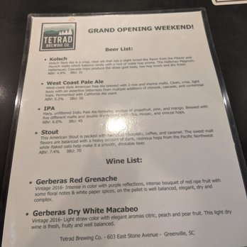 Tetrad Brewing Company - Grand opening menu - Beer Bar Near Me - Greenville, South Carolina
