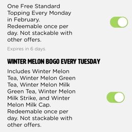 On their mobile app, KFT's advertised Tuesday BOGO promotion on winter melon drinks.