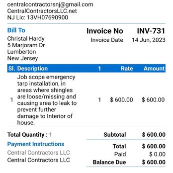 Central Contractors - Initial invoice I paid to install tarp and now they want to charge me additional funds to remove it ?! - Roofing Near Me - Bordentown, New Jersey