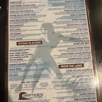 Riptides Raw Bar & Grill - A menu board from Riptides Raw Bar & Grill features seafood, sandwiches, and ocean-themed dishes, including shrimp, fish, and crab options, with a surf-inspired design. - Seafood Near Me - Ormond Beach, Florida