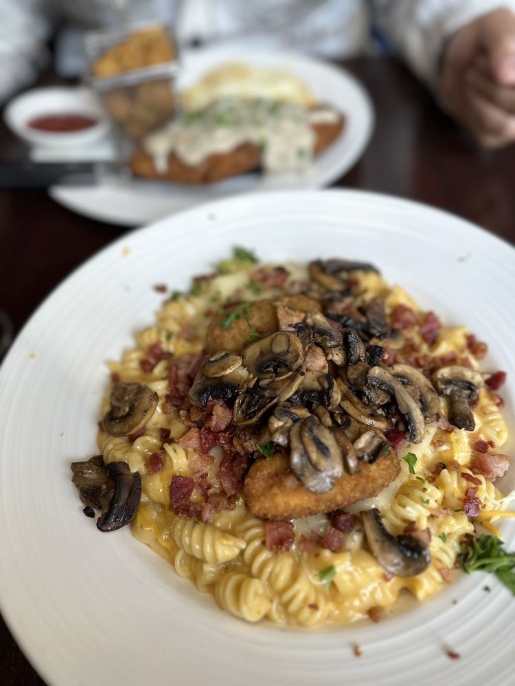 Country fried chicken & eggs + Big Poppa gourmet Mac & Cheese w/ added