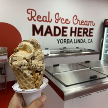Bruster's Real Ice Cream - Sea Salt Caramel Toffee in a small waffle come 07.01.23 - Desserts Near Me - Yorba Linda, California