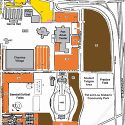 Parking map. Free parking is available in the brown areas. For more info, visit: https://panam.nmsu.edu/parking/.