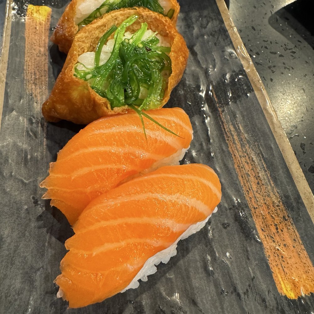 Sushi%AYCE/All You Can Eat - N1 Nigiri Salmon/2Pcs/ Raw Fish and seaweed inari - Sushi Bars Near Me - Seattle, Washington Sushi%AYCE/All You Can Eat - N1 Nigiri Salmon/2Pcs/ Raw Fish and seaweed inari - Sushi Bars Near Me - Seattle, Washington