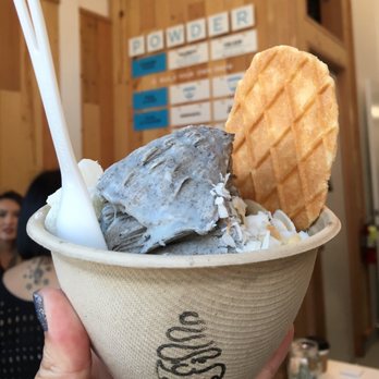 Powder - The Don: Black sesame shaved snow, coconut flakes, mochi, waffle cookie, condensed milk drizzle | Regular $5.50 + .50 almonds - Desserts Near Me - San Francisco, California Powder - The Don: Black sesame shaved snow, coconut flakes, mochi, waffle cookie, condensed milk drizzle | Regular $5.50 + .50 almonds - Desserts Near Me - San Francisco, California