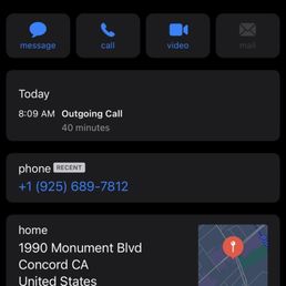 Extremely long hold time. It was 37 minutes before I got a hold of the pharmacy tech. - The image shows a smartphone screen with a contact page for Walgreens. It includes options for message, call, video, and mail at the top. The recent call section indicates an outgoing call at 8:09 AM lasting 40 minutes. The phone number +1 (925) 689-7812 is listed as recent, along with the address 1990 Monument Blvd, Concord, CA, United States. The bottom menu has icons for Favorites, Recents, Contacts, Keypad, and Voicemail.
