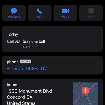 Walgreens - Extremely long hold time. It was 37 minutes before I got a hold of the pharmacy tech. - The image shows a smartphone screen with a contact page for Walgreens. It includes options for message, call, video, and mail at the top. The recent call section indicates an outgoing call at 8:09 AM lasting 40 minutes. The phone number +1 (925) 689-7812 is listed as recent, along with the address 1990 Monument Blvd, Concord, CA, United States. The bottom menu has icons for Favorites, Recents, Contacts, Keypad, and Voicemail. - Drugstores Near Me - Concord, California