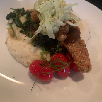 Plant - Ramp and macadamia crusted tempeh with cauliflower potato mash and greens - Vegan Near Me - Asheville, North Carolina Plant - Ramp and macadamia crusted tempeh with cauliflower potato mash and greens - Vegan Near Me - Asheville, North Carolina